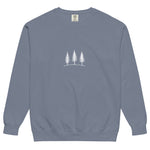 Three pine trees design on a Blue Jean garment-dyed sweatshirt