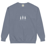 Three pine trees design on a Blue Jean garment-dyed sweatshirt