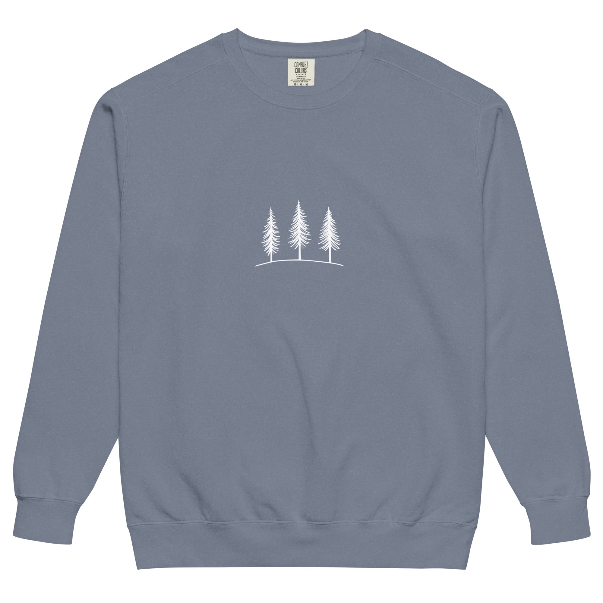 Three pine trees design on a Blue Jean garment-dyed sweatshirt