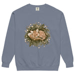 Fox asleep in a Christmas wreath design on a Blue Jean garment-dyed sweatshirt