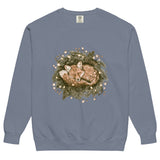 Fox asleep in a Christmas wreath design on a Blue Jean garment-dyed sweatshirt