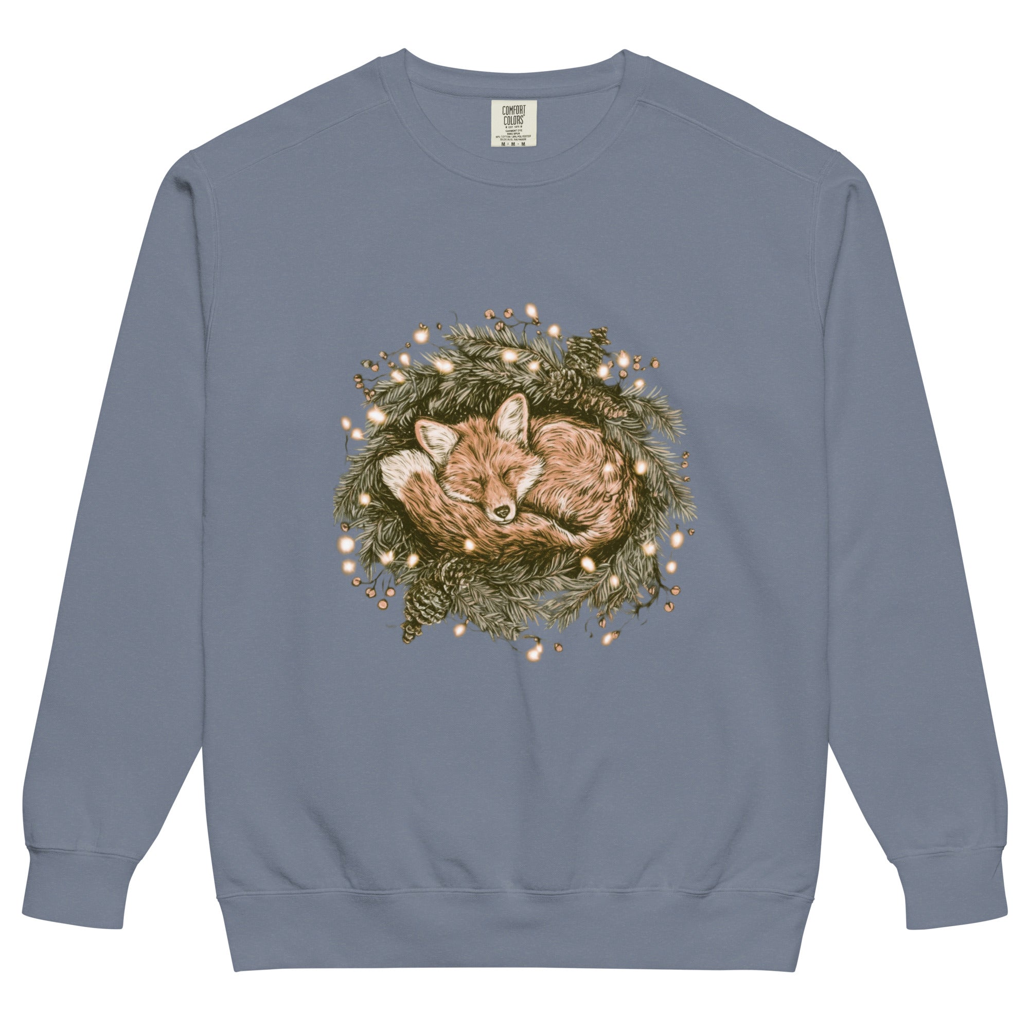 Fox asleep in a Christmas wreath design on a Blue Jean garment-dyed sweatshirt