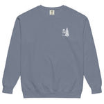 Snowman and Christmas tree design on a Blue Jean garment-dyed sweatshirt