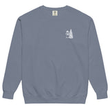 Snowman and Christmas tree design on a Blue Jean garment-dyed sweatshirt