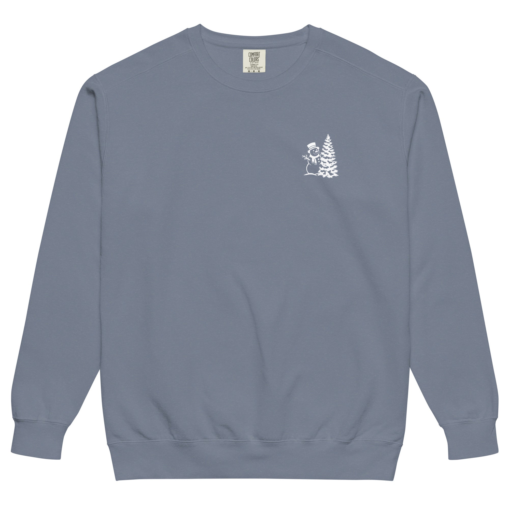 Snowman and Christmas tree design on a Blue Jean garment-dyed sweatshirt