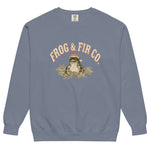 Toad and ferns badge design on a Blue Jean garment-dyed sweatshirt