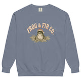 Toad and ferns badge design on a Blue Jean garment-dyed sweatshirt