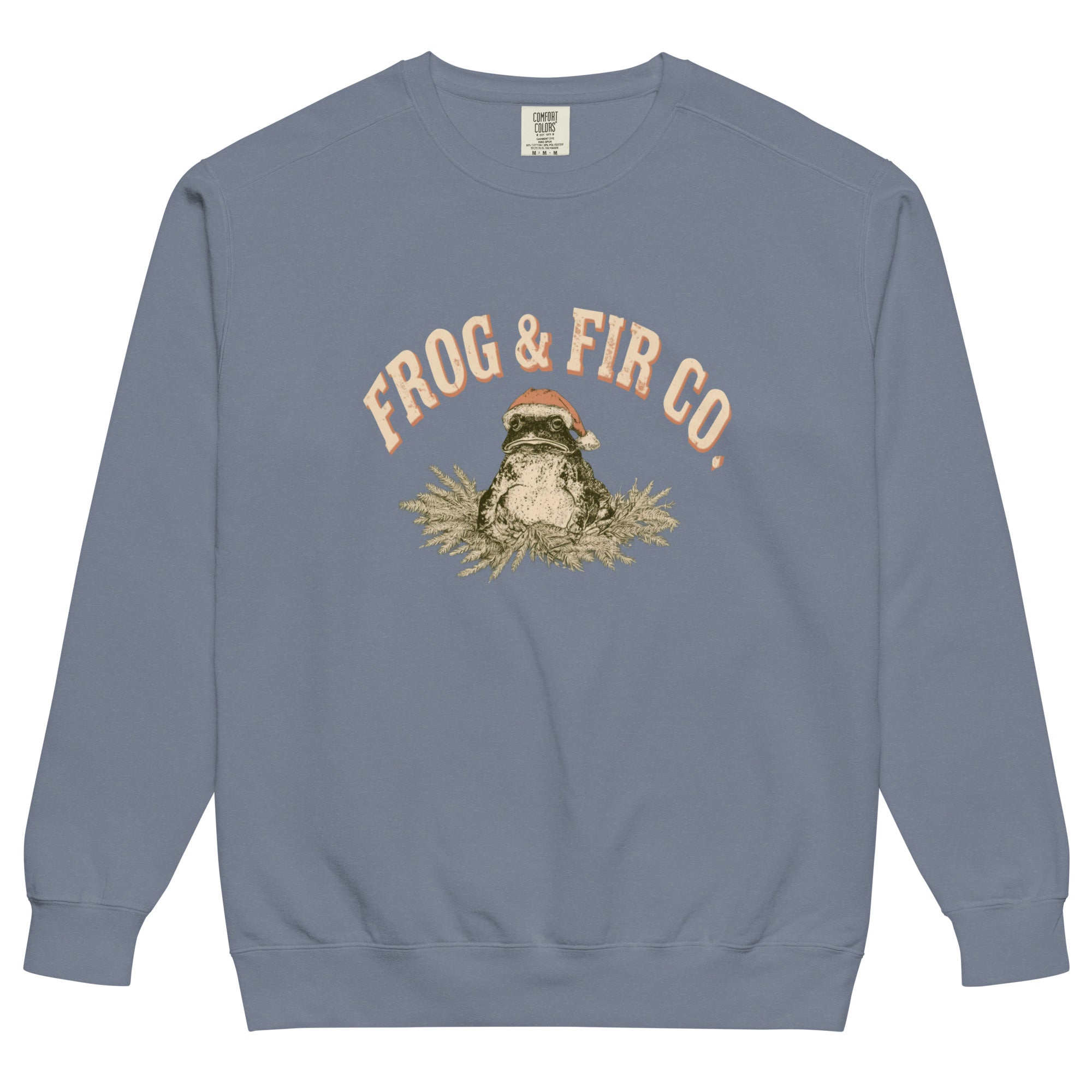 Toad and ferns badge design on a Blue Jean garment-dyed sweatshirt