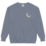 Sleepy fox in a crescent moon design on a Blue Jean garment-dyed sweatshirt