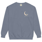 Sleepy fox in a crescent moon design on a Blue Jean garment-dyed sweatshirt