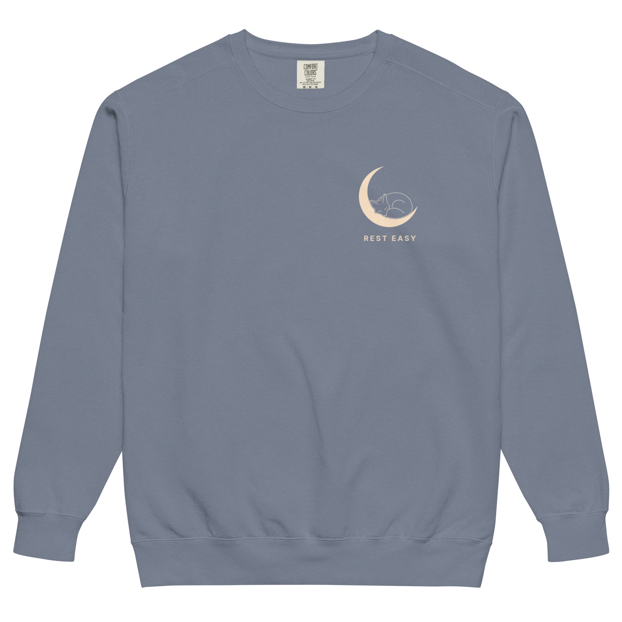 Sleepy fox in a crescent moon design on a Blue Jean garment-dyed sweatshirt