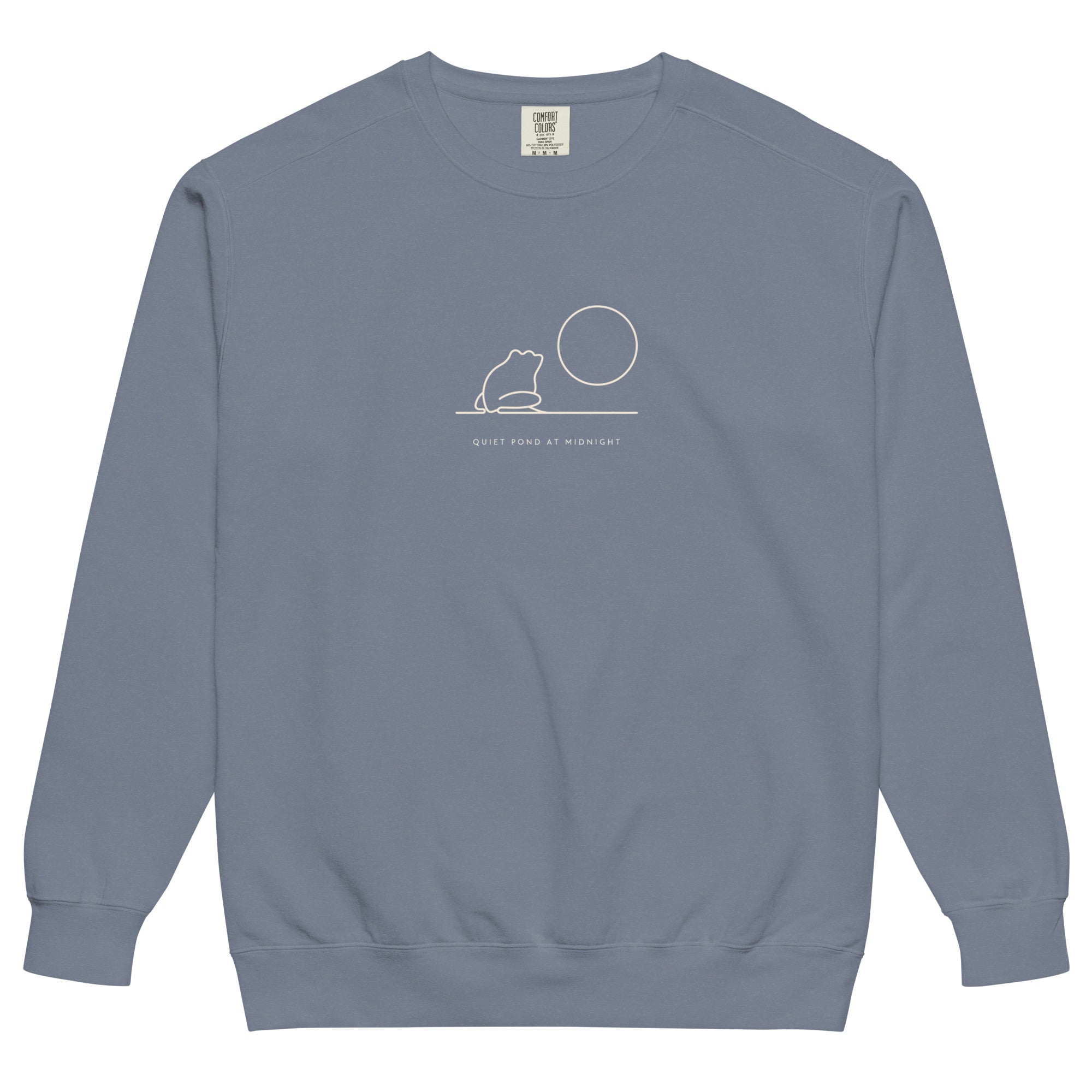 Frog and moon at a quiet pond design on a Blue Jean garment-dyed sweatshirt