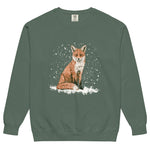 Red fox sitting in the snow design on a Blue Spruce garment-dyed sweatshirt
