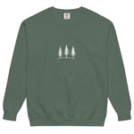 Three pine trees design on a Blue Spruce garment-dyed sweatshirt