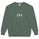 Three pine trees design on a Blue Spruce garment-dyed sweatshirt