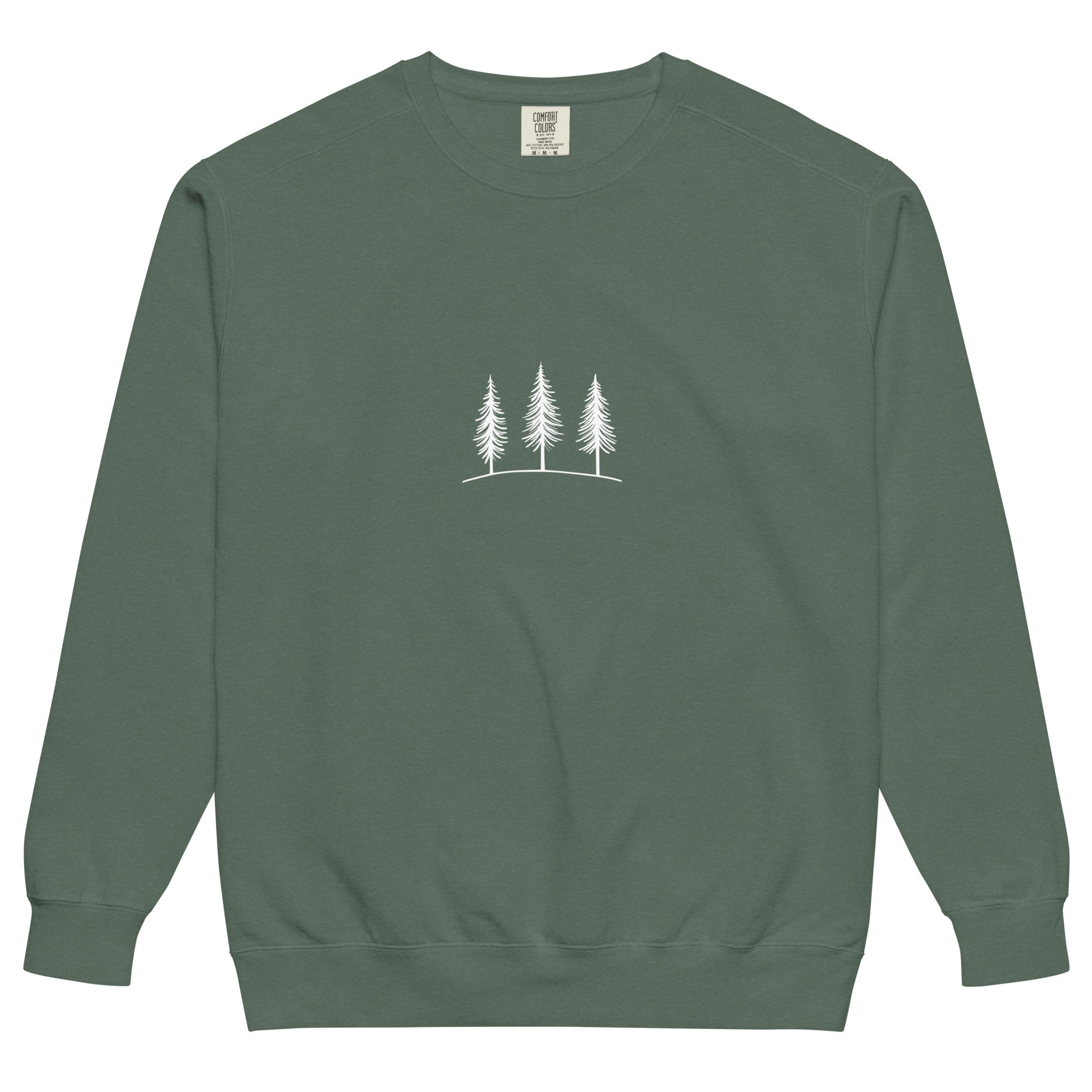 Three pine trees design on a Blue Spruce garment-dyed sweatshirt