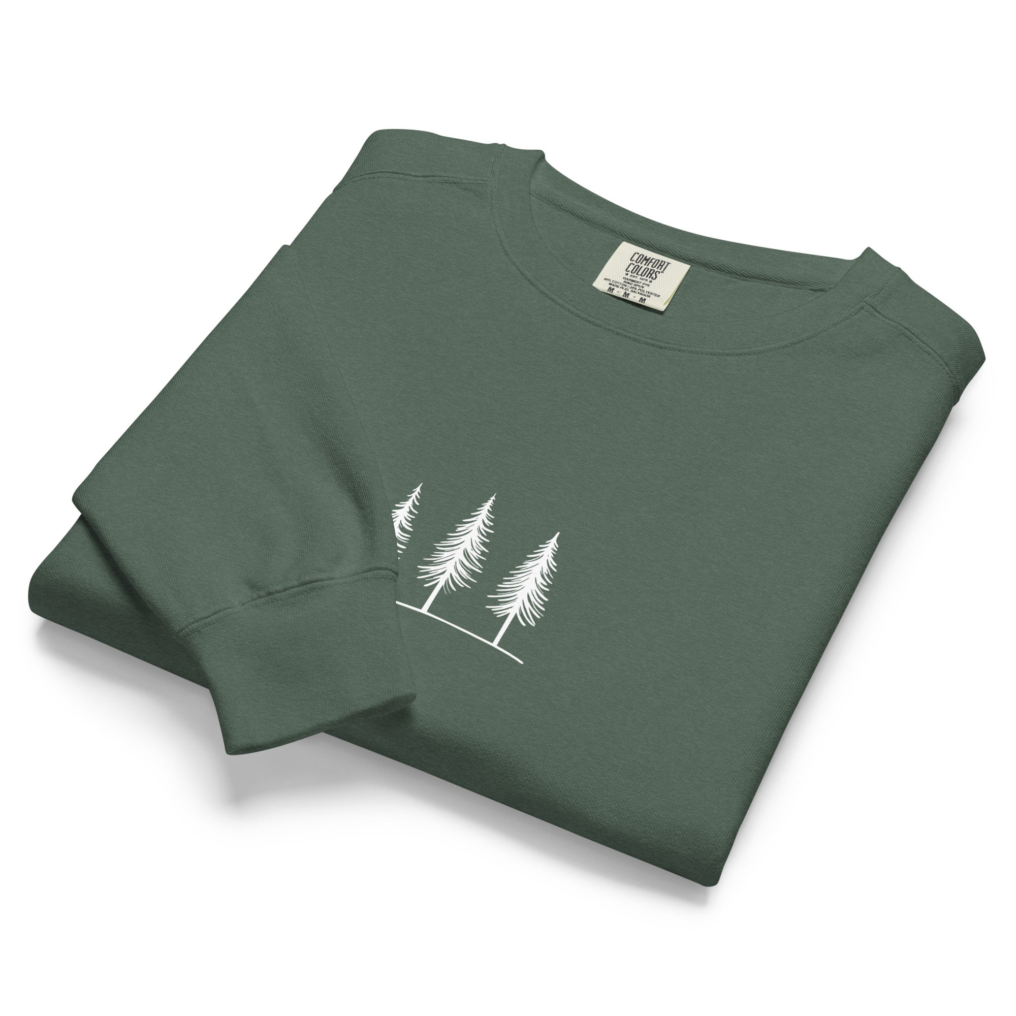 Three pine trees design on a Blue Spruce garment-dyed sweatshirt