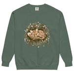 Fox asleep in a Christmas wreath design on a Blue Spruce garment-dyed sweatshirt