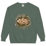 Fox asleep in a Christmas wreath design on a Blue Spruce garment-dyed sweatshirt