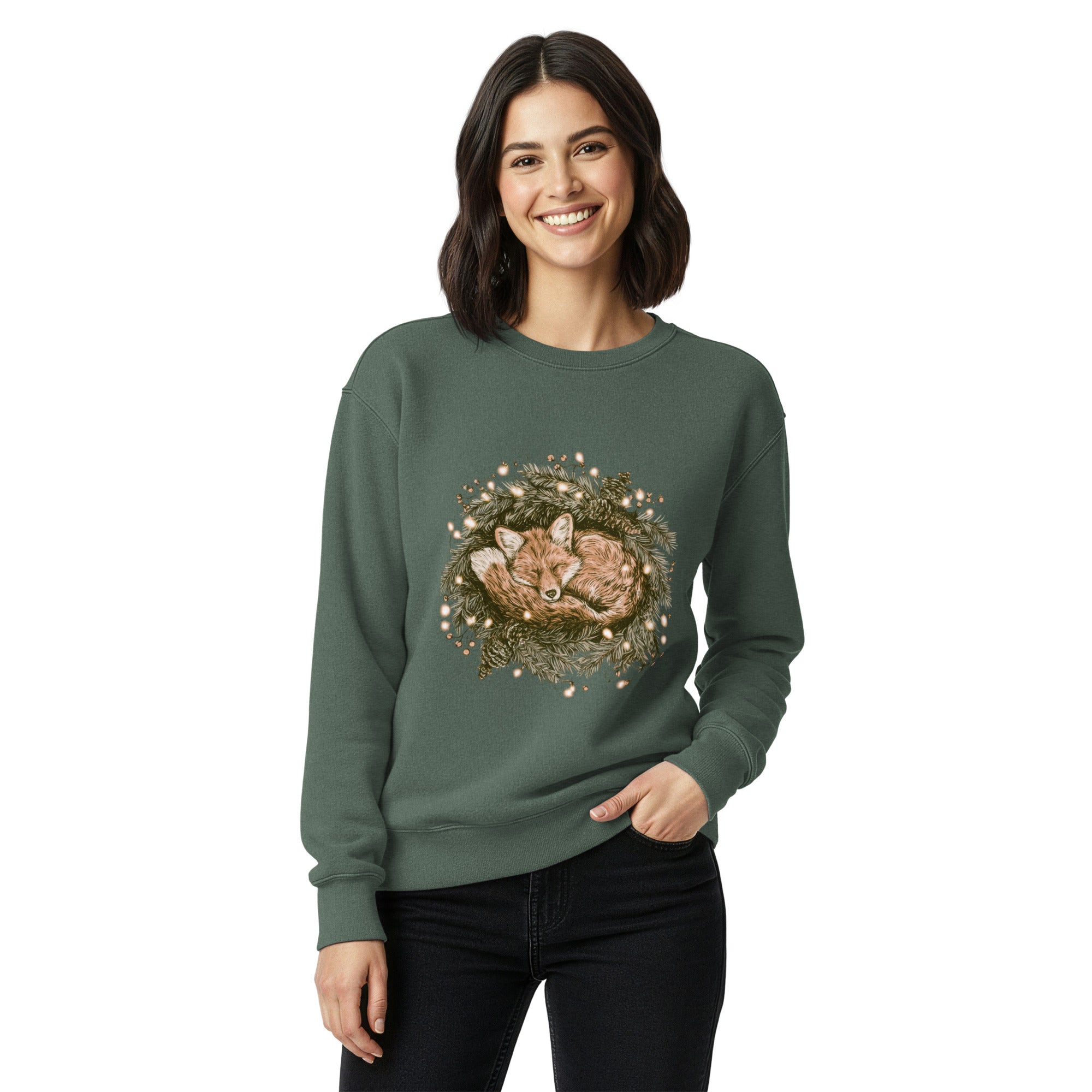 Fox asleep in a Christmas wreath design on a Blue Spruce garment-dyed sweatshirt