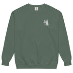 Snowman and Christmas tree design on a Blue Spruce garment-dyed sweatshirt