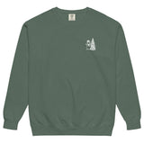 Snowman and Christmas tree design on a Blue Spruce garment-dyed sweatshirt