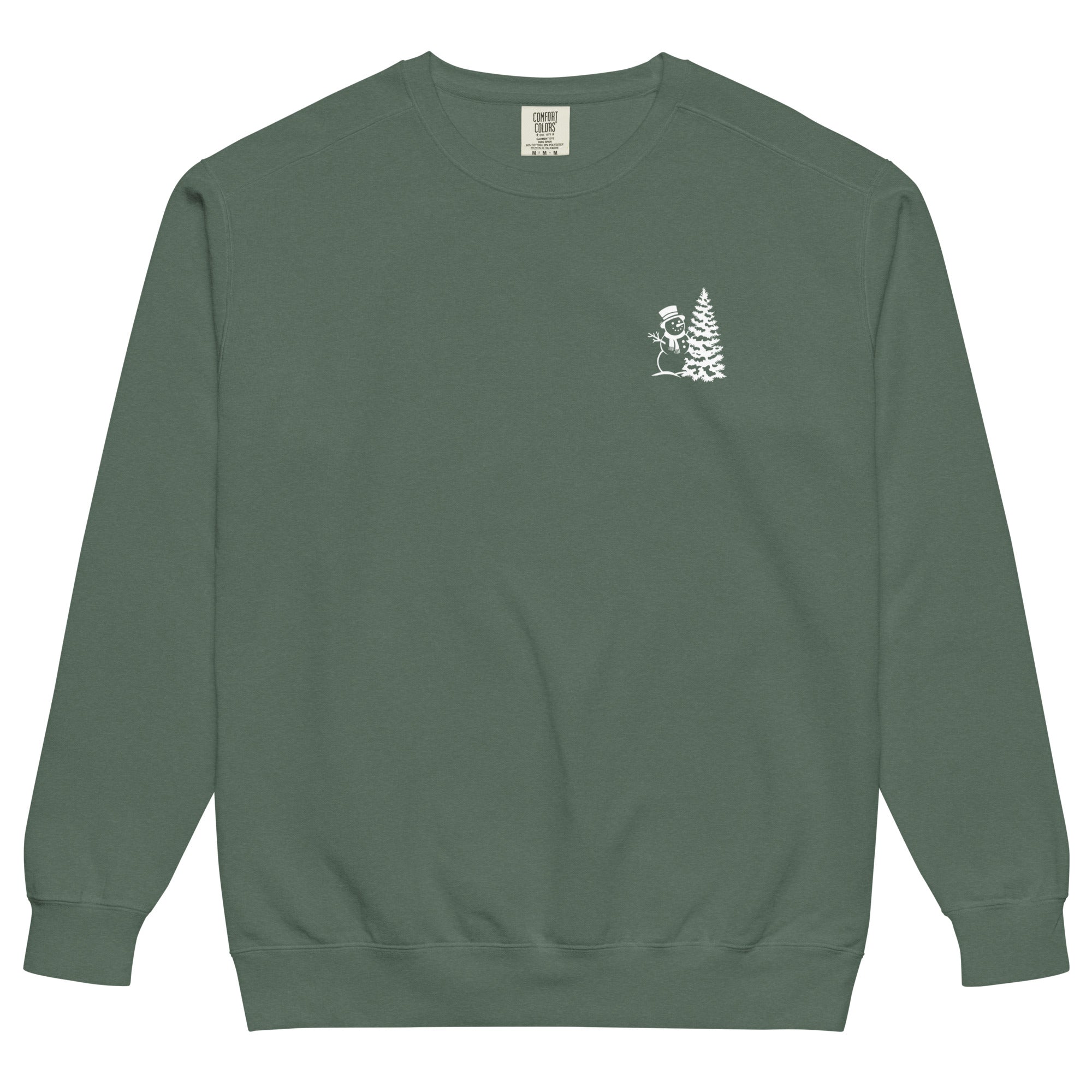 Snowman and Christmas tree design on a Blue Spruce garment-dyed sweatshirt