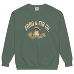 Toad and ferns badge design on a Blue Spruce garment-dyed sweatshirt