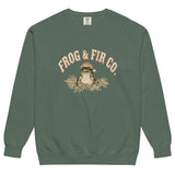 Toad and ferns badge design on a Blue Spruce garment-dyed sweatshirt