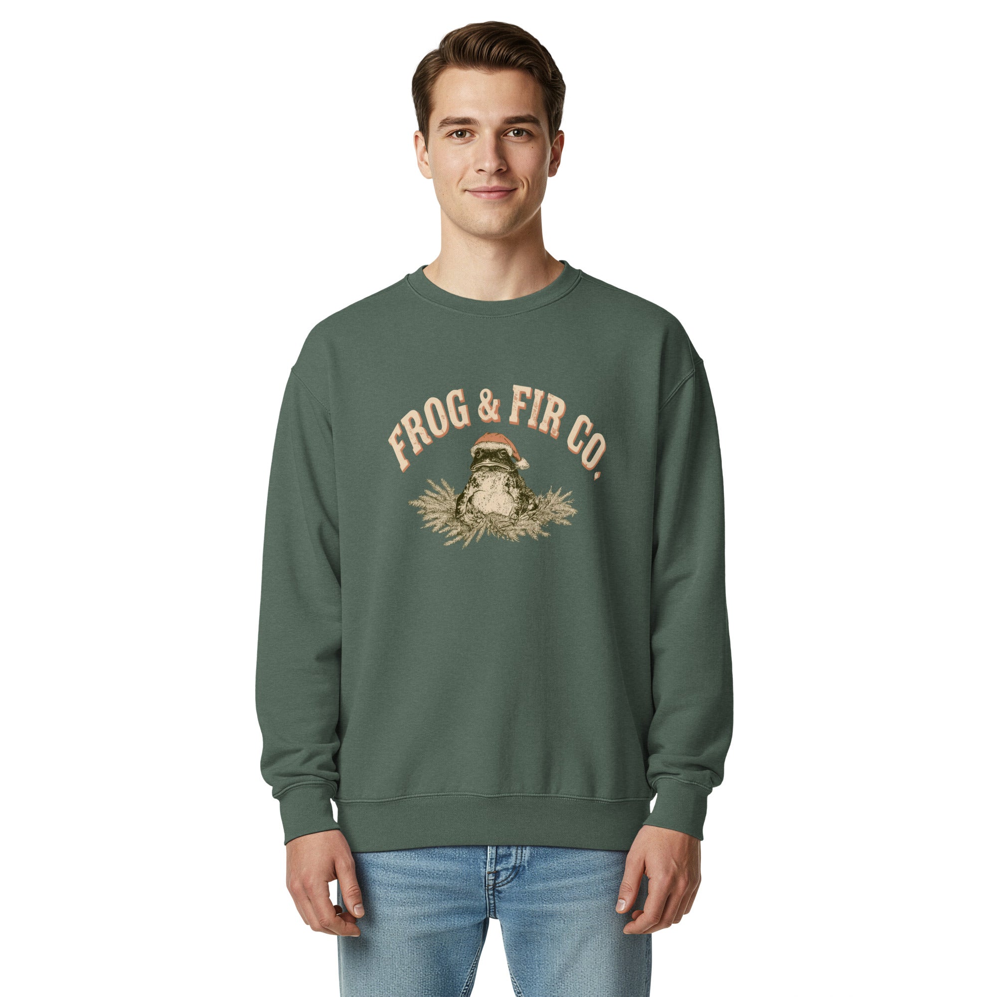 Toad and ferns badge design on a Blue Spruce garment-dyed sweatshirt