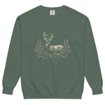 White stag among pine boughs design on a Blue Spruce garment-dyed sweatshirt