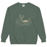 White stag among pine boughs design on a Blue Spruce garment-dyed sweatshirt