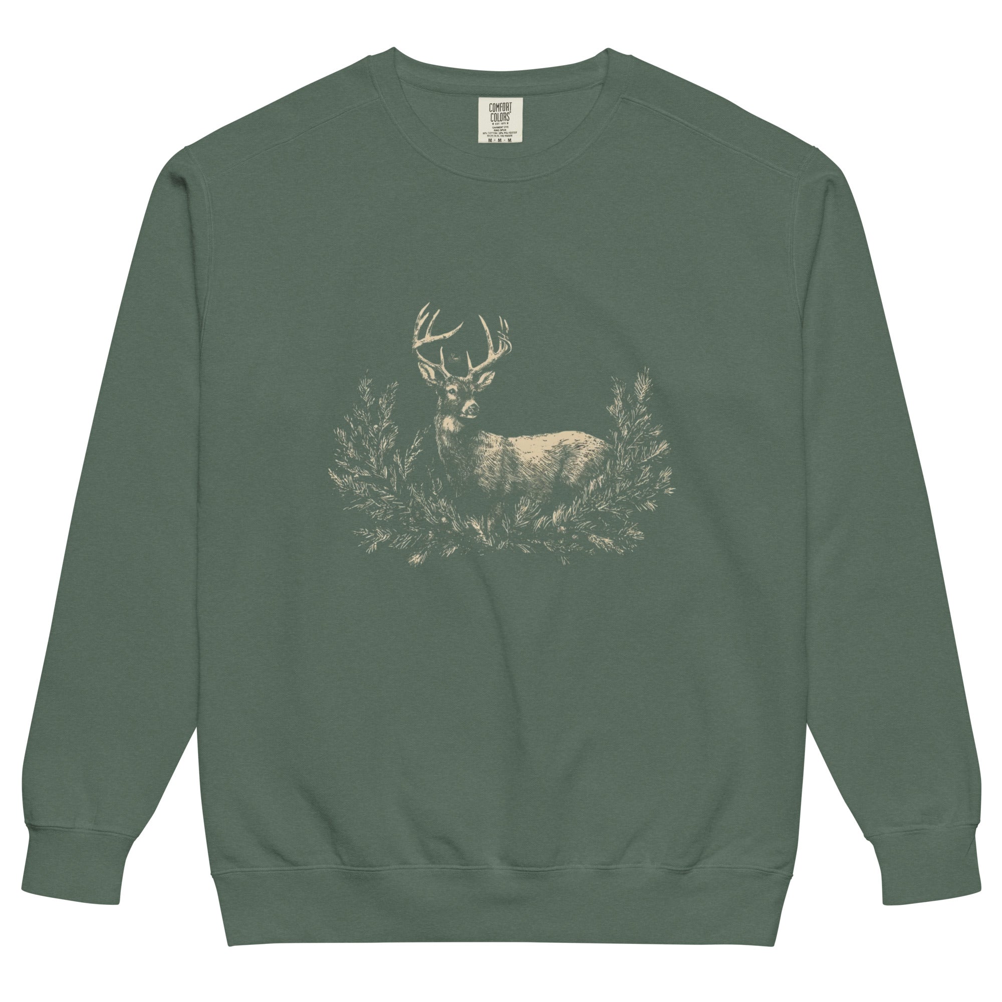 White stag among pine boughs design on a Blue Spruce garment-dyed sweatshirt