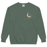 Sleepy fox in a crescent moon design on a Blue Spruce garment-dyed sweatshirt