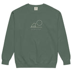 Frog and moon at a quiet pond design on a Blue Spruce garment-dyed sweatshirt