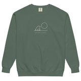 Frog and moon at a quiet pond design on a Blue Spruce garment-dyed sweatshirt