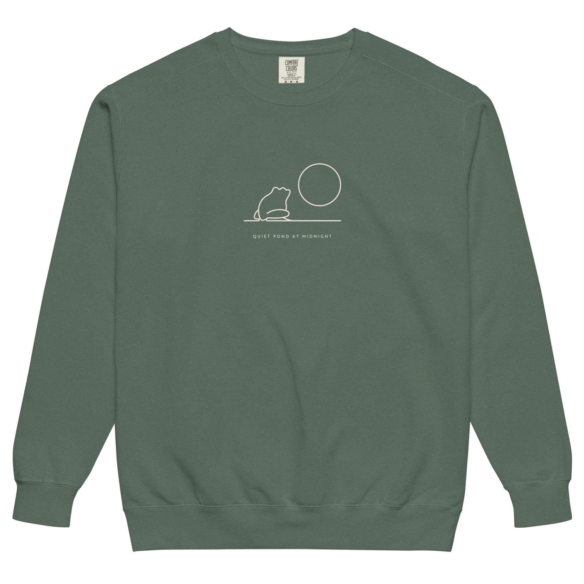 Frog and moon at a quiet pond design on a Blue Spruce garment-dyed sweatshirt