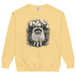 Raccoon in a Christmas wreath design on a Butter garment-dyed sweatshirt