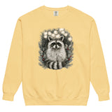 Raccoon in a Christmas wreath design on a Butter garment-dyed sweatshirt