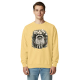 Raccoon in a Christmas wreath design on a Butter garment-dyed sweatshirt