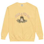 Toad and ferns badge design on a Butter garment-dyed sweatshirt