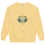 Stag emblem with pine and snow design on a Butter garment-dyed sweatshirt