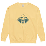 Stag emblem with pine and snow design on a Butter garment-dyed sweatshirt