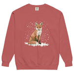 Red fox sitting in the snow design on a Crimson garment-dyed sweatshirt