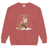 Red fox sitting in the snow design on a Crimson garment-dyed sweatshirt