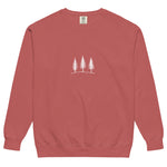 Three pine trees design on a Crimson garment-dyed sweatshirt