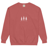 Three pine trees design on a Crimson garment-dyed sweatshirt