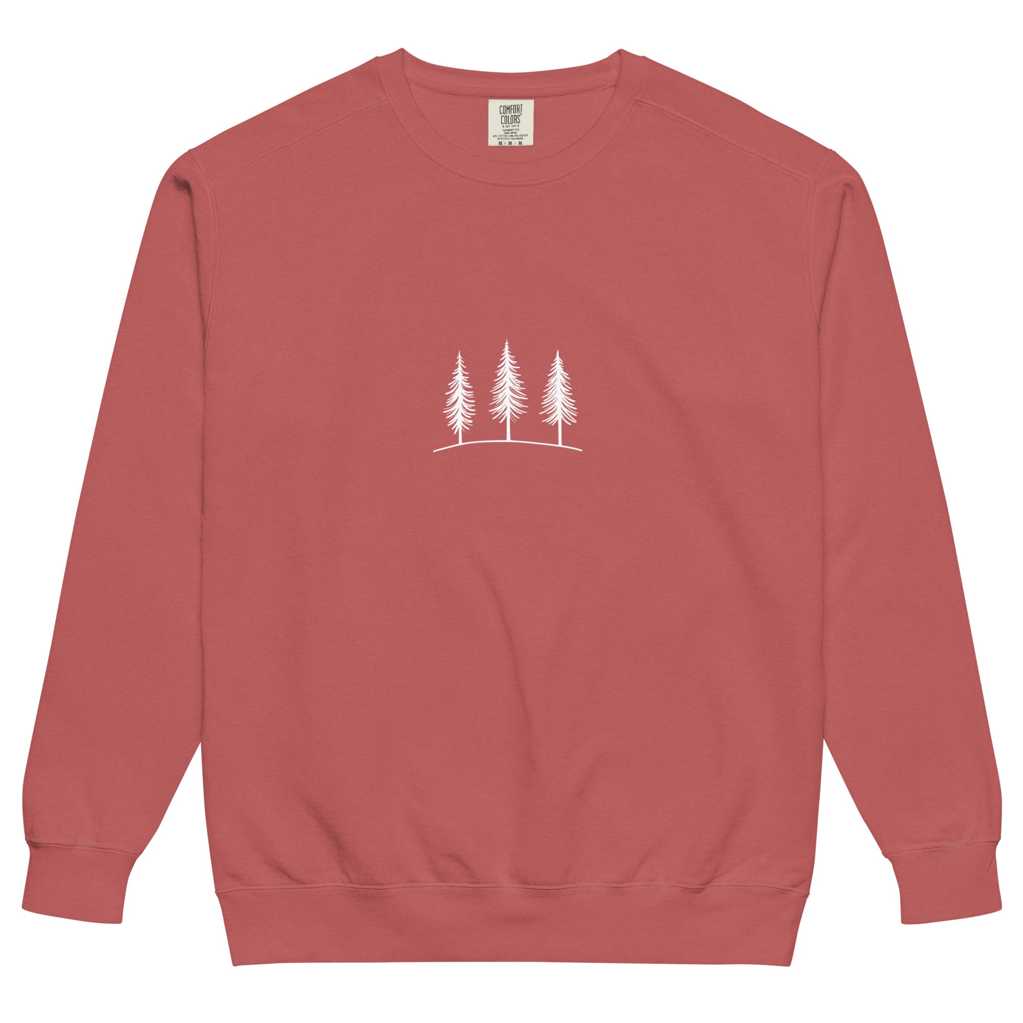 Three pine trees design on a Crimson garment-dyed sweatshirt