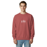 Three pine trees design on a Crimson garment-dyed sweatshirt