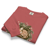 Fox asleep in a Christmas wreath design on a Crimson garment-dyed sweatshirt